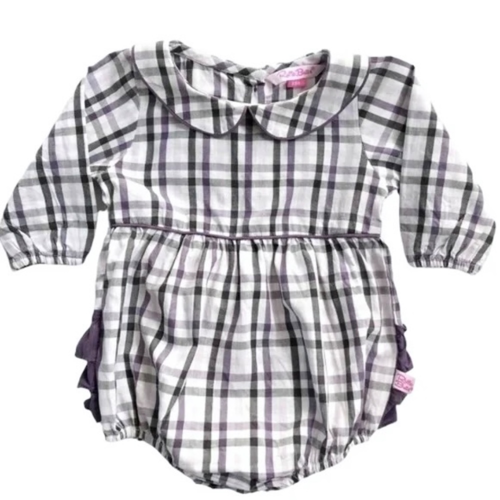 Ruffle Butts Kingsley Purple & Gray Plaid Bubble Romper & Knee Socks Girls  3-6 - Picture 2 of 5